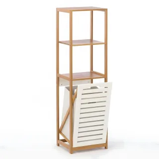 Begryf Badezimmerregal, Hellbraun, Weiß, Holz, Echtholz,Bambus, 3 Fächer, Rechteckig, 36x130x33 cm, Badezimmer, Badezimmerregale, Badregale