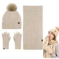 Mutig Mütze & Schal Mütze Schal Handschuh 3-Set,Gestrickte Touchscreen-Handschuhe (Winter Weich Warm,Warmes Strick-Set mit Futter,Damen Unisex, Hergestellt aus weichen Wolle,Winter Geschenk-Mehrfarbig) Geschenk zu Weihnachten, Erntedank oder Neujahr