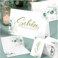 Funke & Brand Grußkarten 50x Schön, dass du da bist Tischkarten - Greenery Efeu Design