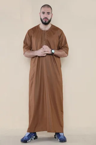 Brauner Thobe Jubba für Herren, islamischer arabischer marokkanischer Saudi-Kaftan mit Reißverschluss und arabischer Robe