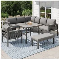 Merax Gartenlounge-Set, (mit Sitz- und Rückenkissen, 5-tlg., Gartenmöbelset Ecksofa Garten-Lounge-Set mit verstellbaren Beinen), Seilsitzgruppe aus verzinktem Eisen,Tischplatte aus gehärtetem Glas