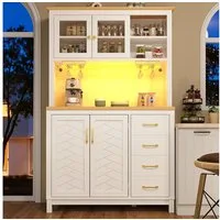 Flieks Küchenbuffet mit Arbeitsplatte in Holzoptik, LED-Beleuchtung, Glastür und Schublade (1-St., B105,5/T40/H180 cm) Hochschrank Küchenschrank Mehrzweckschrank Geschirrschrank Weiß