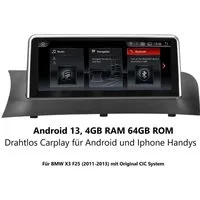 GABITECH 10.25 Zoll Android 13 Autoradio Apple Carplay für BMW X3 F25 CIC 64GB Autoradio (DAB+ Optional, Kabellos Apple Carplay und Android Auto, Sprachsteuerung)