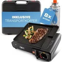 ZMC Gaskocher 2in1 Campingkocher Grillplatte mit Piezozündung + 8x Gaskartuschen, (Grillplatte Tischgrill Transportkoffer Gasbrenner Gasgrill Kochfeld, Grillplatte Tischgrill Transportkoffer Gasbrenner Gasgrill Kochfeld), Butan Gas 227g Campingkocher