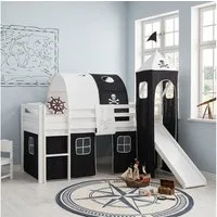 Homestyle4u Hochbett 90x200 cm Kinderbett Weiß mit Vorhang Kinder Treppe Leiter Kiefer Holz (Set, mit Lattenrost, Rutsche, Tunnel und Turm) Pirat, Junge Spielbett