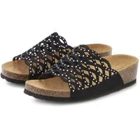 LASCANA Mule, Sandale, offener Schuh, Sommerschuh, Pantolette mit Komfortkorkfußbett aus Leder und Glitzersteinchen