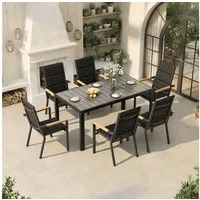 HOMALL Garten-Essgruppe 150/180cm Holzoptik Aluminiumtisch und Gartenstühle mit Holzarmlehnen, (7-tlg), Stapelbare Gartenstühle bis 160kg, rostfreier Aluminiumtisch bis 100kg