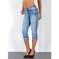 ESRA Caprijeans 3/4 Jeans Hose Capri Jeans mit Seitenstreifen Caprihose Damen Sommer High Waist Capri Jeans Damen 3/4 Hose mit Galon-Streifen bis Plus Size