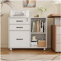 Sunsitt Aktenschrank Aktenschrank mit Räder (mit 3 Schubladen und 2 offenen Ablagen, 2-tlg Mobiler Druckertisch für A4, Legal, Letter) ideal für Büro, Arbeitzimmer, Wohnzimmer, Weiß