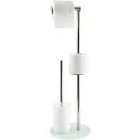 MSV Toilettenpapierhalter BERGAMO, WC Standgarnitur, 3 in 1: Toilettenbürste mit Rollenhalter und Ersatzrollen-Aufbewahrung, Edelstahl, farbiges Glas, 22x60 cm, weiß