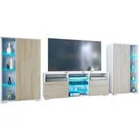 Vladon Wohnwand Davos, (Anbauwand, bestehend aus 2 Vitrinen, 1 TV-Board und LED-Beleuchtung), Weiß matt/Eiche sägerau (329 x 134 x 35 cm)