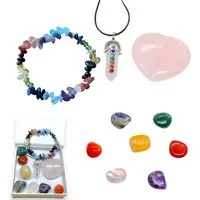 Steinfixx® Edelstein Grosses Chakra Set mit Splitterarmband, (Spar Set, 11-St., incl. 15 seitiges E-Book mit Beschreibung der Edelsteine inkludiert), 7 Chakra Steine, Anhänger, Splitterarmband und Herz in Geschenkbox