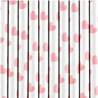 partydeco Trinkhalme, Papierstrohhalme mit Herzen 19cm weiß rosa 10er Set