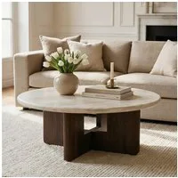 IDIMEX Couchtisch STOL, Beistelltisch 80 cm mit Travertinoptik-Tischplatte Beige/Nussbaum