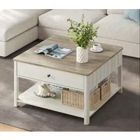 VASAGLE Couchtisch Wohnzimmertisch, 2 große Schubladen, quadratisch, für Wohnzimmer (inkl. Zubehörpaket & Anleitung), Sofatisch, viel Stauraum, Landhausstil, greige meliert-wolkenweiß