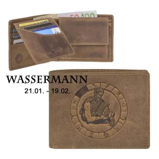 Geldbörse Leder Wassermann-Prägung antikbraun | Greenburry Vintage Portemonnaie mit Sternzeichen. Strukturierter Organizer mit 7 Kartenfächern.