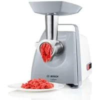 BOSCH Fleischwolf ProPower MFW45020, 1600 W Blockierlei., Rücklauf, 3 Lochscheiben, weiß, 500 W, Edelstahl Loch-Scheiben 3,8 + 8mm, Stopfer, Kebbe-, Wurst-Aufsatz