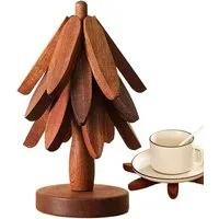 BlingBin Getränkeuntersetzer Multifunktionales Holz-Untersetzer Set faltbar mit Ständer, 4er Set, 4-tlg., hitzebeständig für Töpfe, Teller und Gläser, Esstischschutz