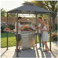 Outsunny Grillpavillon mit Doppeldach, Lüftungsöffnung, Seitenregalen, mit 0 Seitenteilen, (Grill Pavillon, Grillüberdachung), für BBQ Garten Party Dunkelgrau