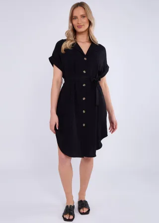 Schwarzes Utility-Hemdkleid aus Viskose mit Gürtel und Übergröße