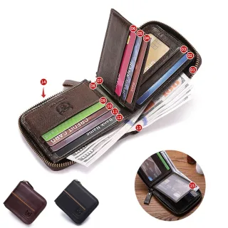 BULLCAPTAIN Men's Genuine Leather Wallet Horizontal Zipper Multi-card Design Business Card Holder Driver's License Money