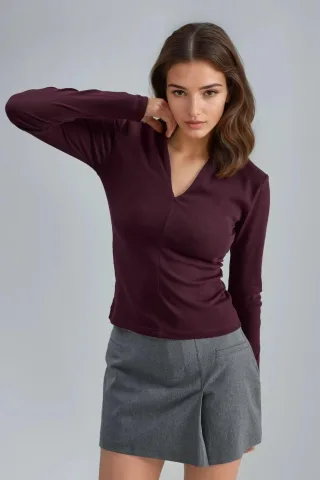 Slim Fit V-Ausschnitt Langarmbluse