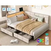 ADWOLT Schlafsofa Daybett Polsterbett Mit LED-Licht und USB-Anschluss, Set 1 Teile, 140x200 cm,Mit 2 Schubladen,Leinenstoff-Beige
