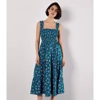 Apricot Midikleid Gestuftes Kleid mit Orchideenprint (Nicht angegeben) mit Smokdetails