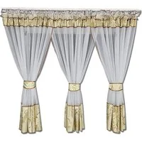 Gardinen by Justyna Vorhang 3er Gardine aus Voile Gold, Kräuselband, Lichtschutz, Fertiggardine,Blumengardine,Kräuselband,Weiß,Komplett Set,Store