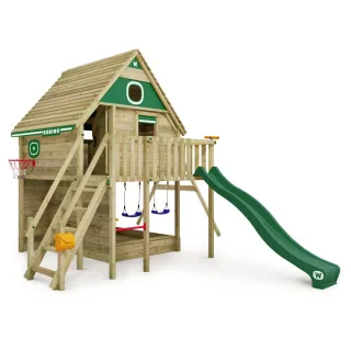 Stelzenhaus Smart FamilyHouse mit Rutsche Schaukel und Sandkasten - Großes Spielhaus 2,00m Stehhöhe Massivholz Garten Spielturm - Wickey