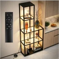 XERSEK Standvitrine Offenes Glasvitrine mit 3 Etagen Glasablagen & LED-Dimmbar 78×30×168cm (Set, Stufenlos Dimmbar per Fernbedienung & Fußsteuerung) für Sammlerstücke, Wohnzimmer, Schlafzimmer, Schwarz