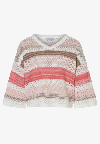 MORE & MORE - Gestreifter Pullover mit V-Ausschnitt und 3/4-Arm braun - Gr. - 36