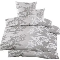 KH-Haushaltshandel Bettwäsche 4-tlg. Biber Winter Bettwäsche 2x(135x200 + 80x80cm), Blüten, Biber, 4 teilig, grau weiß, warm, flauschig weich, Baumwoll Mischgewebe