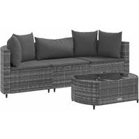 vidaXL Gartenlounge-Set 4-tlg. Garten-Sofagarnitur mit Kissen Grau Poly Rattan, (3-tlg)