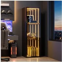 Flieks Glasvitrine mit LED-Lichtleiste, verstellbaren Glaseinlegeböden & Spiegelwand (30x30x90 cm, Glastür mit Soft-Close-Funktion, 1-St., Eckvitrine mit verspiegelter Rückwand & 3 Ebenen) Multifunktionaler Hochschrank Standvitrine Eckschrank mit 3 F