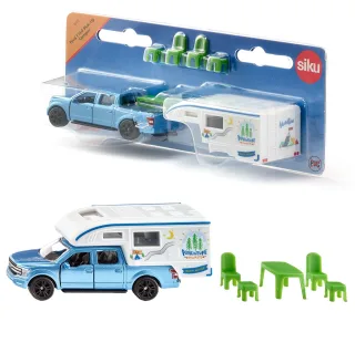 Siku 1693 Ford F150 Pick-Up Camper Metall/Kunststoff Blau/Weiß Stühle Hocker und Tisch Ausziehbare Markise
