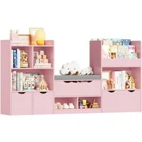 Homfa Sitzbank Kinderregal mit 3 Schubladen auf Räder 183x94x29,8 cm, Spielzeugregal mit 7 offenen Fächern Spielzeugtruhe weiß