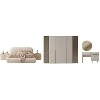 Villa Möbel Schlafzimmer-Set Alaska, (Schlafzimmer-Set, 5-tlg., Bett mit Kopfteil, 2 Nachttische, Kleiderschrank und Kommode), LED Polsterbett Rauchglas Optik fünf Türen viel Stauraum