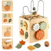 Zaewry Motorikwürfel Montessori Motorikwürfel holzspielzeug Montessori Spielzeug, 6 in 1( Naturholzfarbe Aktivitätswürfel)
