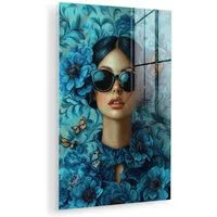 MuchoWow Acrylglasbild Frau - Blumen - Schmetterlinge - Blau - Abstrakt, Inkl. Aufhängung, Dekorative Bild für Küche & Wohnzimmer auf Glas, 20x30 cm