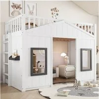 Flieks Hochbett Hausbett Kinderbett 90x200cm mit Fenster, Leiter und Fallschutz