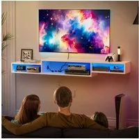 FABATO TV-Schrank schwebender und hängender Fernsehschrank, Lowboard mit LED-Licht mit Steckdosen und Ablagefach für Wohnzimmer, Weiß, 180*28*15 cm
