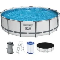 Bestway Framepool 56488 Steel Pro MAX Frame Pool Set Lichtgrau, rund (Komplett Set, 5-tlg., Pool, Leiter, Pumpe, Kartusche, Plane), robust und langlebig