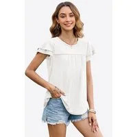 Imily Bela T-Shirt Damen mit Lochspitze und Rüschenärmeln Rundhals Sommer Alltag (Packung, 1-tlg., 1per-Pack) mit Rundhalsausschnitt in Unifarbe Durchbrochene Rüschen