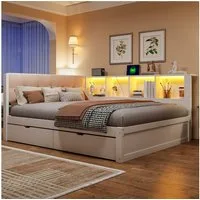 Merax Daybett mit LED-Beleuchtung & USB Anschluss (Jugendbett Schlafsofa Sofabett Kinderbett mit gepolstertem Kopfteil, 1 tlg), Kiefernholz Tagesbett 140x200 cm mit Schubladen, Regal & Stauraum