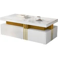 Merax Couchtisch mit Schubladen und Tischplatte in Marmoroptik, Beistelltisch aus Holz mit goldenen Dekor, Wohnzimmertisch Industrial