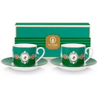 PiP Studio Tasse Love Birds Medallion Emerald-Green Tasse mit Untertasse 0,2l Set2, Porzellan