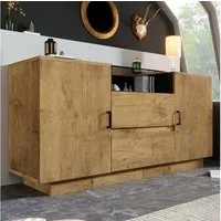 Flieks Kommode Mehrzweckschrank mit Schubladen und verstellbaren Einlegeböden (H70/B140/T40 cm, 1 St), Sideboard mit Glas-Arbeitsplatte Eichenoptik Holzschrank Wohnzimmer