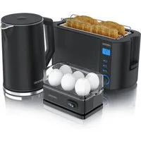 Arendo Frühstücks-Set (3-tlg), Wasserkocher 1,5l, 4-Scheiben Toaster, 6er Eierkocher, Schwarz