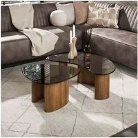 LEVEN Lifestyle Couchtisch 2 tlg. Wohnzimmertisch LUNA organische Form mit Glasplatte (2´er Set), Tischplatte aus gehärtetem, braunem Rauchglas